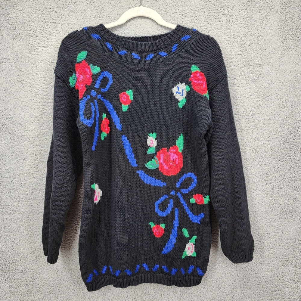 Morningside Vintage 90s Rose Floral Bow Intarsia Knit‎ Sweater Black Medium